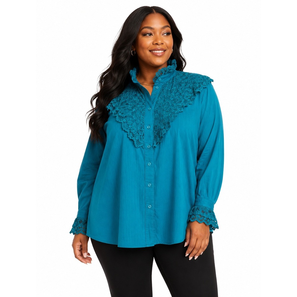 Judith Crosby for QVC‎ Teal Blue Crochet Lace Yoke Button Down Blouse Vintage L